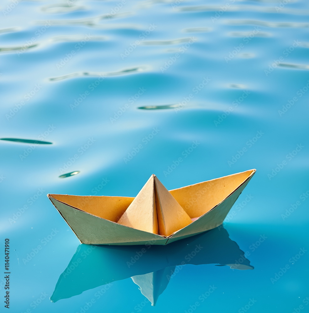 Paper boat floating on calm blue water Paper boat floating on calm blue water