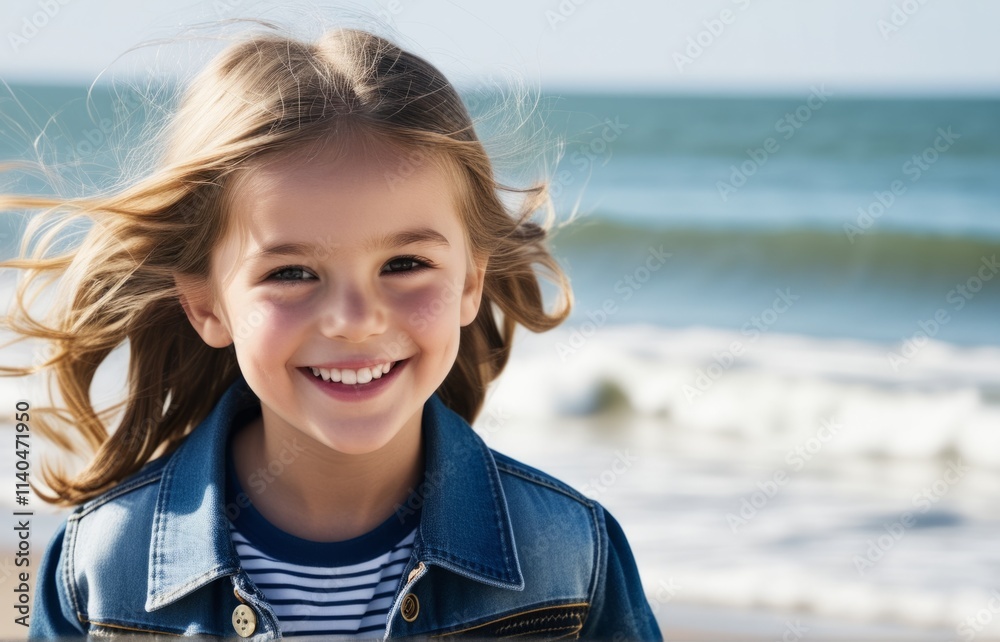 Smiling child enjoys sunny beach day with ocean waves in the background near shoreline Smiling child enjoys sunny beach day with ocean waves in the background near shoreline
