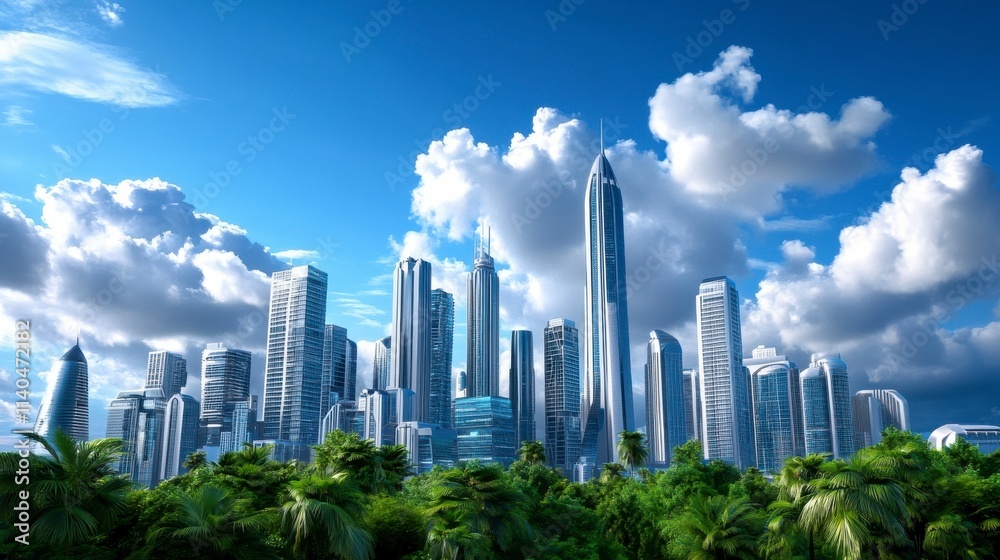 Fototapeta premium Modern City Skyline with Lush Greenery Under a Dynamic Blue Sky and Fluffy White Clouds Creating a Perfect Urban Nature Contrast for Cityscapes