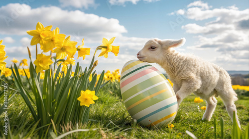 Lamb playing with Easter egg among yellow daffodils photo