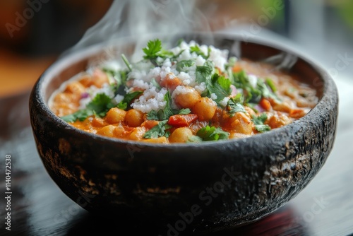 A close-up of a steaming bowl of spicy chickpea curry garnished with fresh cilantro and shredded coconut in a rustic setting.