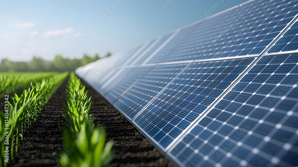 Fototapeta premium A close-up view of solar panels beside vibrant green crops, illustrating the integration of renewable energy in agriculture.