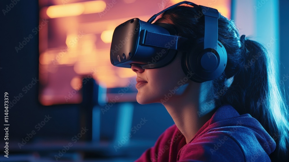 Immersive Virtual Reality Experience with Young Woman Wearing Headset in Modern Indoor Setting with Colorful Background Lights and Technology Elements Immersive Virtual Reality Experience with Young Woman Wearing Headset in Modern Indoor Setting with Colorful Background Lights and Technology Elements
