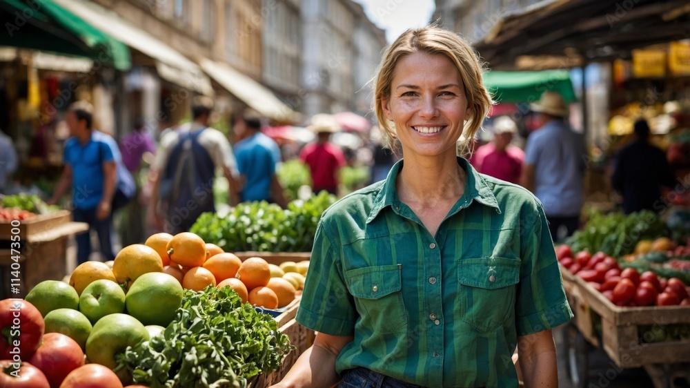 Smiling vendor showcases fresh produce at a bustling outdoor market in summer sunshine Smiling vendor showcases fresh produce at a bustling outdoor market in summer sunshine