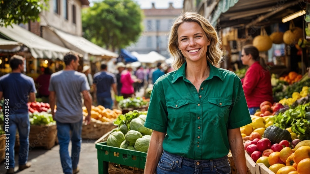 Smiling woman enjoying a vibrant outdoor market filled with fresh produce during a sunny day Smiling woman enjoying a vibrant outdoor market filled with fresh produce during a sunny day