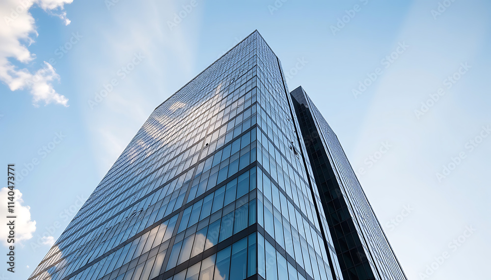 Building Background: A modern glass-covered skyscraper against a clear sky with an architectural focus on sleek clean lines and reflections. background copyspace Building Background: A modern glass-covered skyscraper against a clear sky with an architectural focus on sleek clean lines and reflections. background copyspace