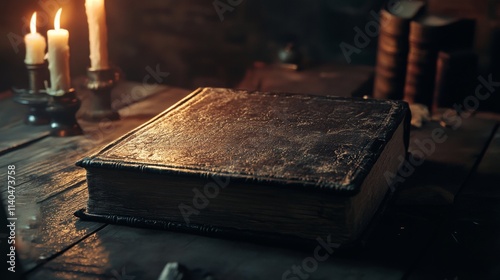 old book on a table next to a candle