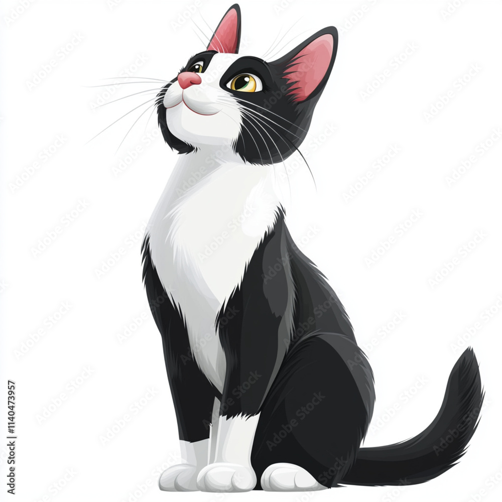 Obraz premium Illustration of a black and white cat, a cat in a cartoon style, isolated on a white background, the cat smiles and looks up