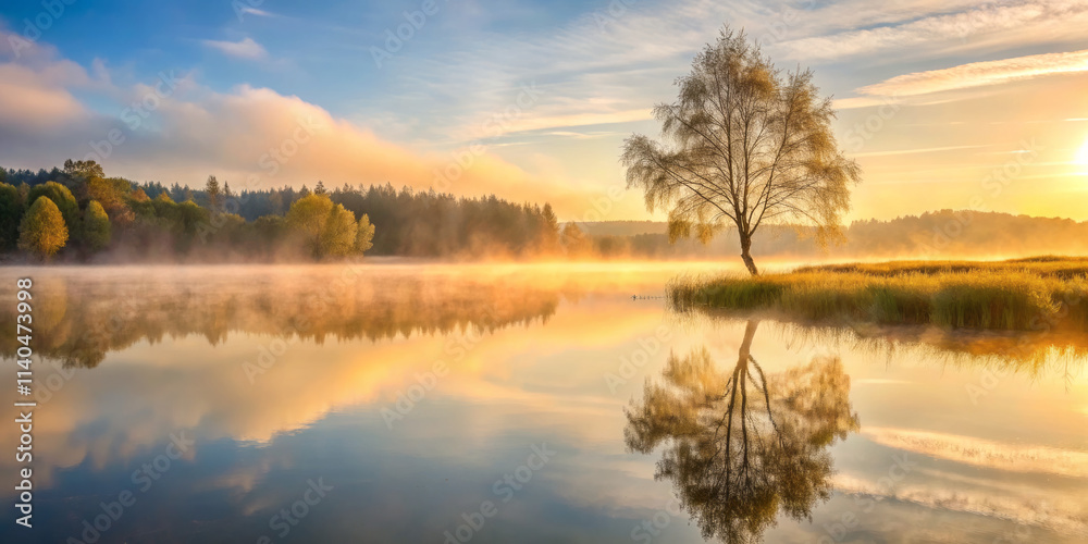 serene lake with glassy surface reflects misty dawn, showcasing solitary tree and vibrant colors of nature. tranquil scene evokes peace and beauty