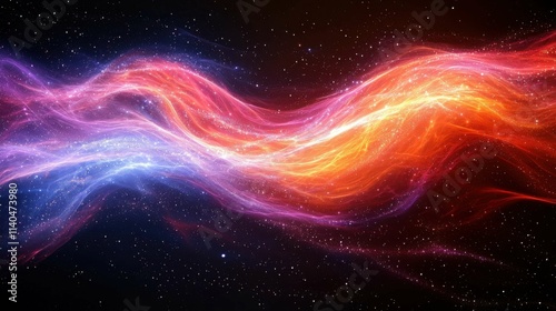 A mesmerizing abstract image featuring vibrant swirls of purple, orange, and blue hues, resembling cosmic waves in a starry background.