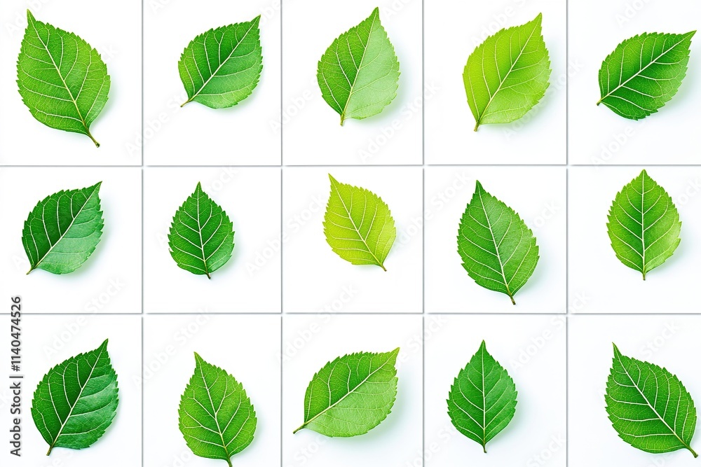 Green leaves on white grid, pattern of nature Green leaves on white grid, pattern of nature