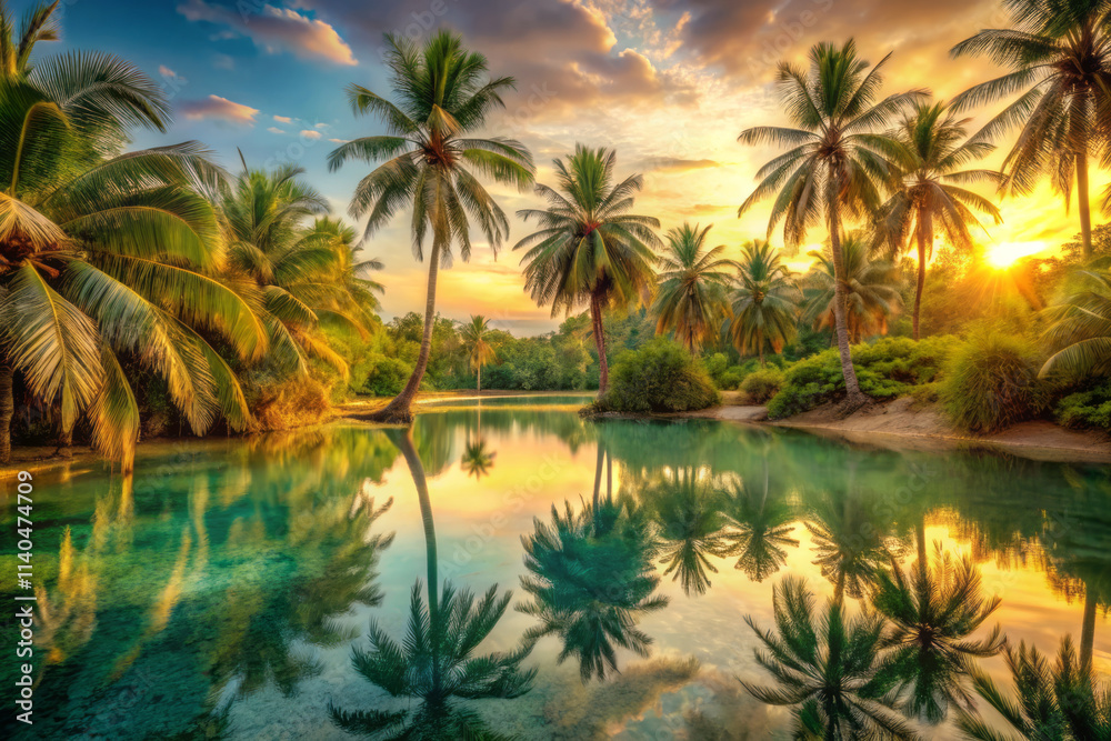 serene oasis with palm trees reflecting in tranquil water at sunset, creating peaceful atmosphere. vibrant colors of sky enhance beauty of this natural landscape serene oasis with palm trees reflecting in tranquil water at sunset, creating peaceful atmosphere. vibrant colors of sky enhance beauty of this natural landscape
