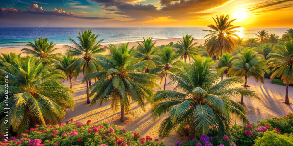 Fototapeta premium serene oasis sprawls beneath crystal clear sky, with lush palm trees and vibrant flowers lining sandy beach. sunset casts warm glow over tranquil scene