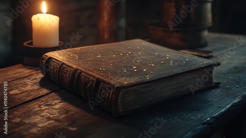 old book on a table next to a candle photo