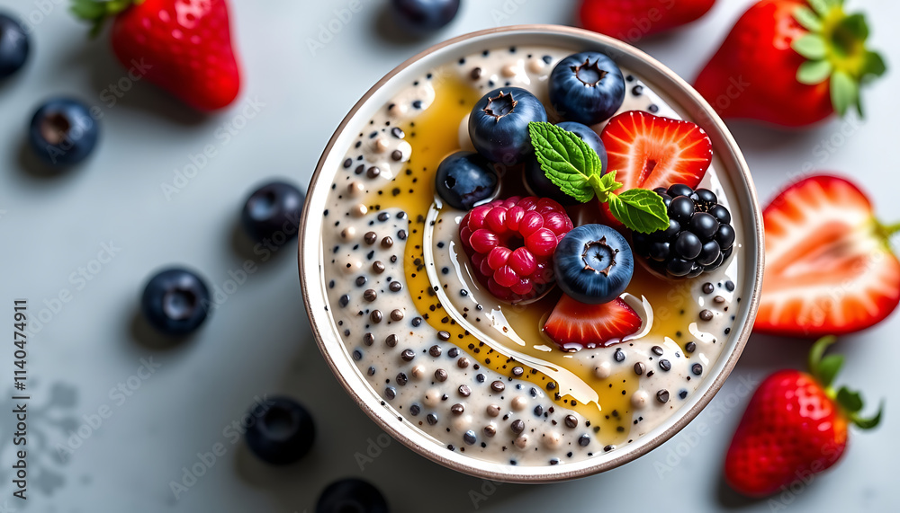 Chia Pudding with Berries - A creamy chia pudding topped with fresh mixed berries and a drizzle of honey. background copyspace Chia Pudding with Berries - A creamy chia pudding topped with fresh mixed berries and a drizzle of honey. background copyspace