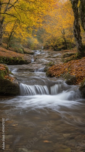 A serene stream flows through a forest adorned with vibrant autumn foliage.