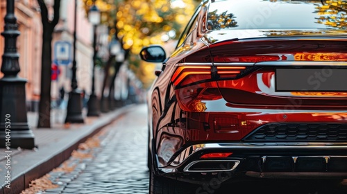 [Driving away from city street at dusk] Late Afternoon City Street Car Shot from Sidewalk Perspective Focus on Taillights License Plate photo