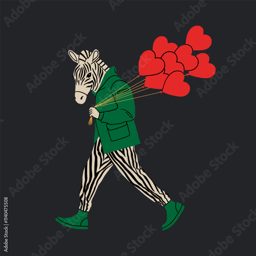 Stylized zebra character holding a bundle of red heart-shaped balloons. Vector cartoon illustration