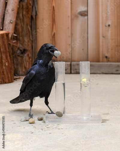 Clever black crow solving a water displacement puzzle with stones, a demonstration of bird intelligence in a controlled environment