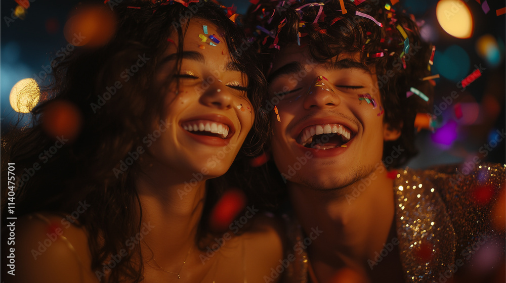 A young couple popping confetti cannons, smiling and celebrating the start of the New Year. A young couple popping confetti cannons, smiling and celebrating the start of the New Year.