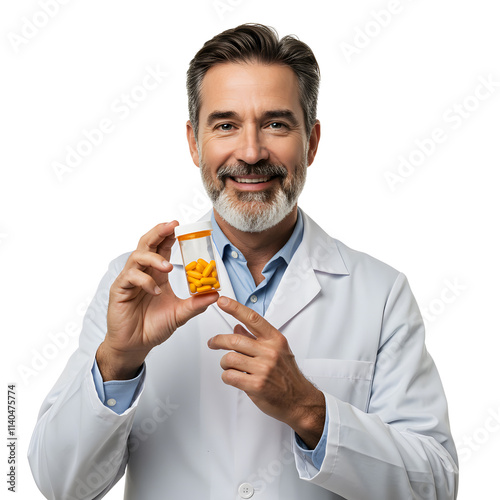 A smiling male pharmacist holding a pill bottle. png isolated background. transparent background.