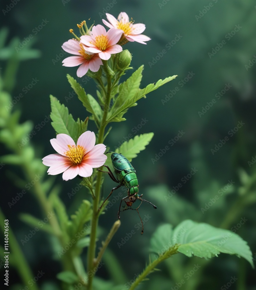 Obraz premium Small green insect crawling on a flower's stem and leaves , insect, macro