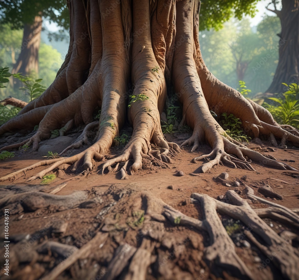 Small roots growing out from the base of a massive tree trunk, development, landscape Small roots growing out from the base of a massive tree trunk, development, landscape