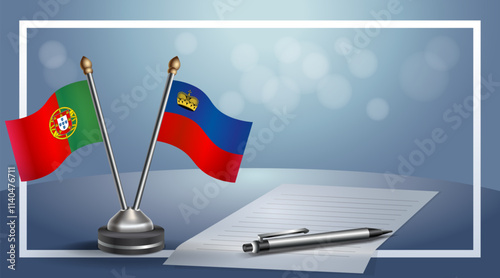 Portugal and Liechtenstein National flags on small table with bokeh background, cooperative relationship