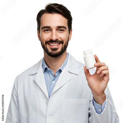 A smiling male pharmacist holding a pill bottle. png isolated background. transparent background.