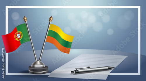 Portugal and Lithuanian National flags on small table with bokeh background, cooperative relationship