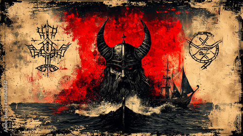 Viking warrior ship at sea, fiery background.