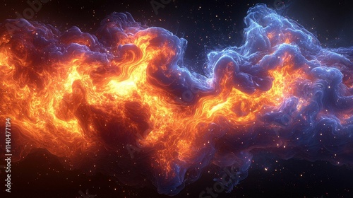 An abstract image depicting vibrant fiery waves in space, showcasing dynamic colors blending orange and blue to create a mesmerizing effect.