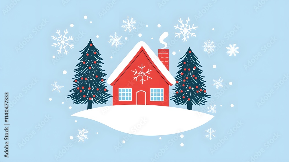 Flat vector illustration of a winter landscape with snow-covered pine trees and a house, simple shapes Flat vector illustration of a winter landscape with snow-covered pine trees and a house, simple shapes