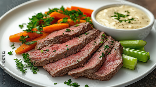 Sliced Tafelspitz with vegetables and creamy horseradish sauce.