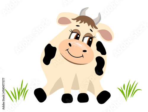 Cute, cartoon cow sitting on the lawn.