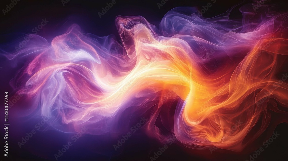 An abstract representation of colorful fluid waves swirling in vibrant hues of purple, orange, and yellow against a dark backdrop. An abstract representation of colorful fluid waves swirling in vibrant hues of purple, orange, and yellow against a dark backdrop.
