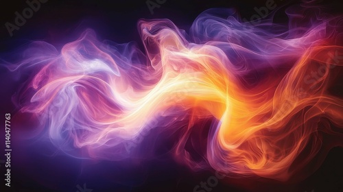 An abstract representation of colorful fluid waves swirling in vibrant hues of purple, orange, and yellow against a dark backdrop.