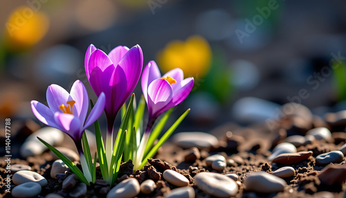 Crocus Spring Awakening - The first crocus flowers emerging from the earth symbolizing the arrival of spring. background copyspace