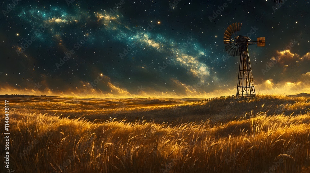 Obraz premium A serene landscape with a windmill under a starry night sky.