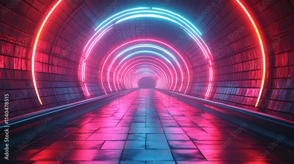 Colorful Neon Light Tunnel With Reflective Surface Leading to Infinity : Generative AI