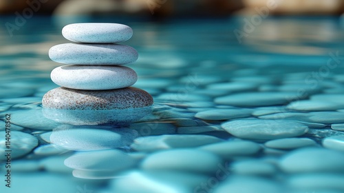 Stacked white stones balanced on water, reflecting the stones, in a tranquil pool of light teal water.