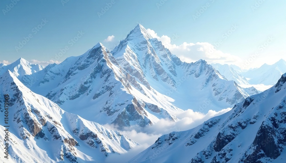 Snowy mountain peaks touching the sky with soft white clouds, snow, serene, scenery Snowy mountain peaks touching the sky with soft white clouds, snow, serene, scenery