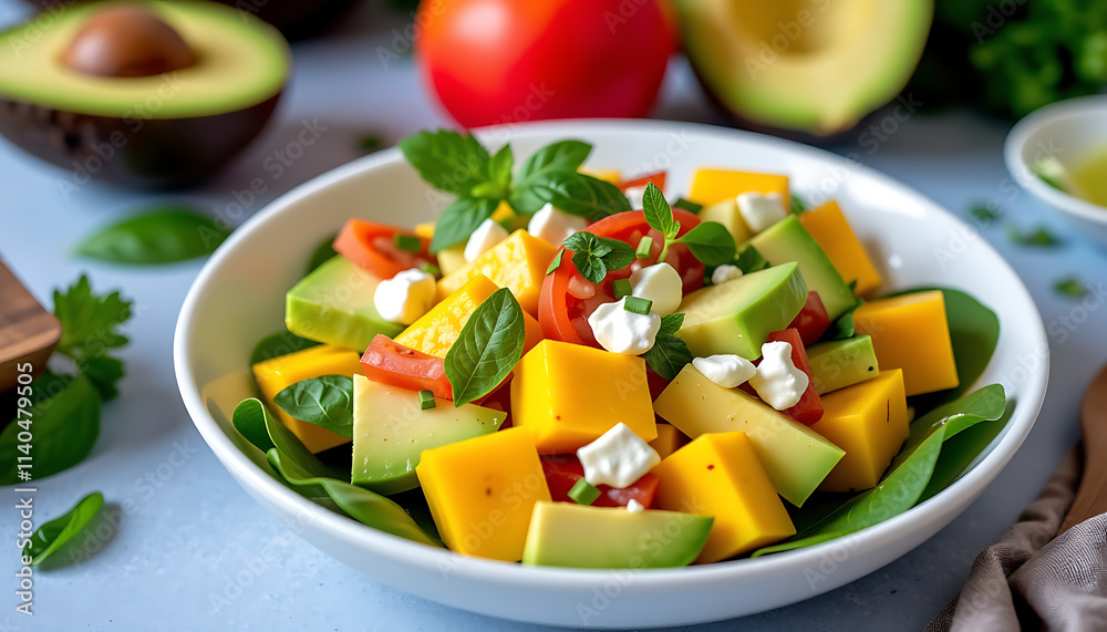 Mango and Avocado Salad - A refreshing salad with ripe mango creamy avocado and a lime dressing. background copyspace Mango and Avocado Salad - A refreshing salad with ripe mango creamy avocado and a lime dressing. background copyspace
