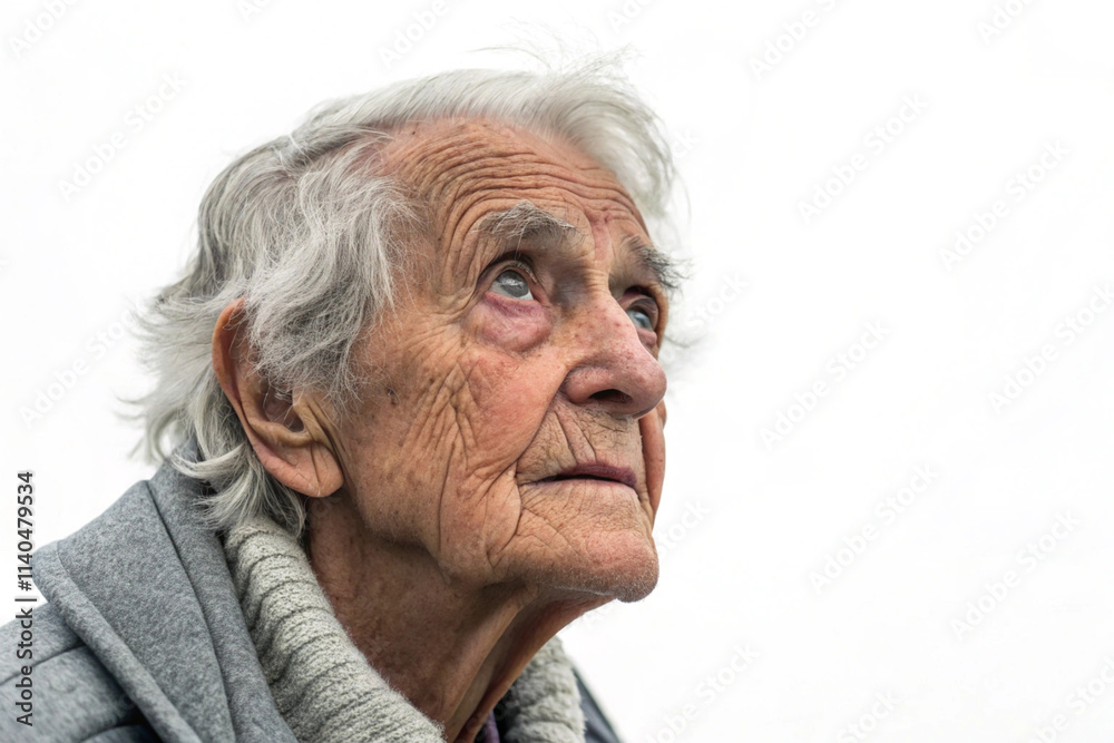 Elderly woman looking upward: contemplative expression against white background