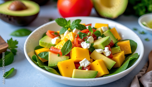 Wallpaper Mural Mango and Avocado Salad - A refreshing salad with ripe mango creamy avocado and a lime dressing. background copyspace Torontodigital.ca