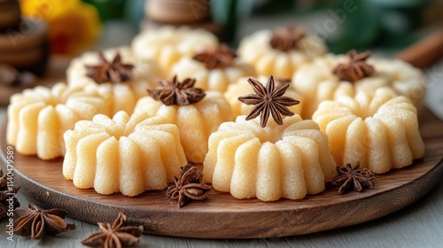 Star anise-topped mini bundt cakes on wooden board. photo