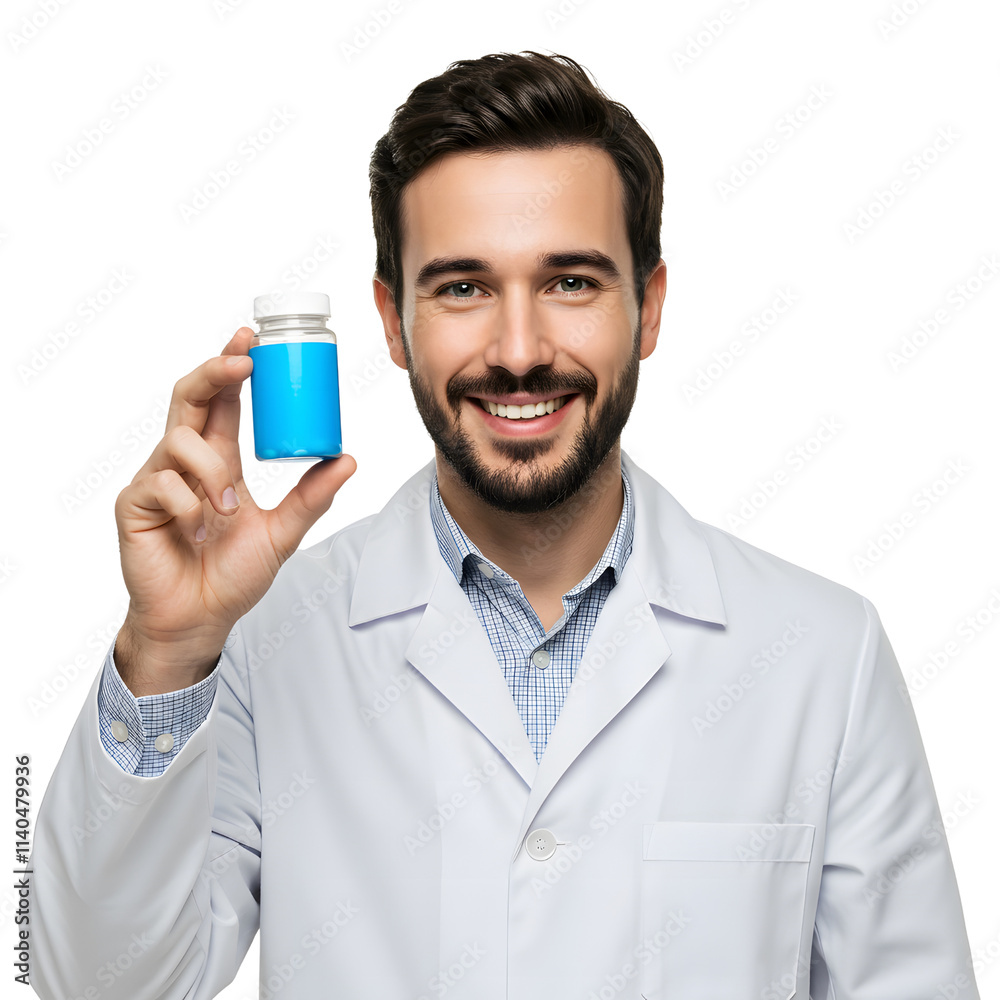 A smiling male pharmacist holding a pill bottle. png isolated background. transparent background. A smiling male pharmacist holding a pill bottle. png isolated background. transparent background.