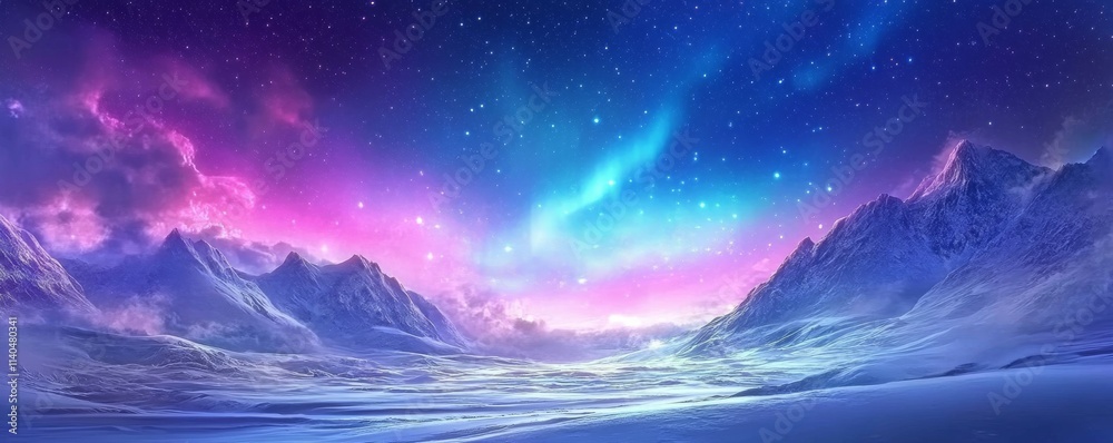 Majestic Sky with Aurora and Stars. Blue Northern Lights Banner with copy-space. Majestic Sky with Aurora and Stars. Blue Northern Lights Banner with copy-space.