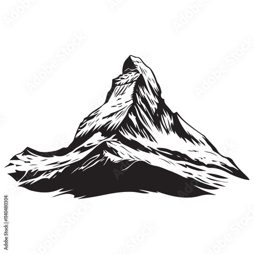 Black and white hand drawn mountain peak illustration, Mountains landscape silhouette, Rocky peaks vector icon