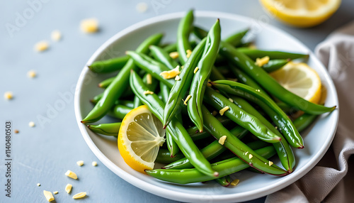 Wallpaper Mural Garlic Lemon Green Beans - Fresh green beans sautéed with garlic and lemon zest. background copyspace Torontodigital.ca